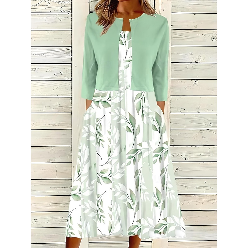 Women's Two Piece Dress Sets Midi Dress with Jacket Elegant A Line Dress Half Sleeve Fit And Flare Dress Party Formal Floral Print V Neck Formal Pink Blue Green Regular Fit4