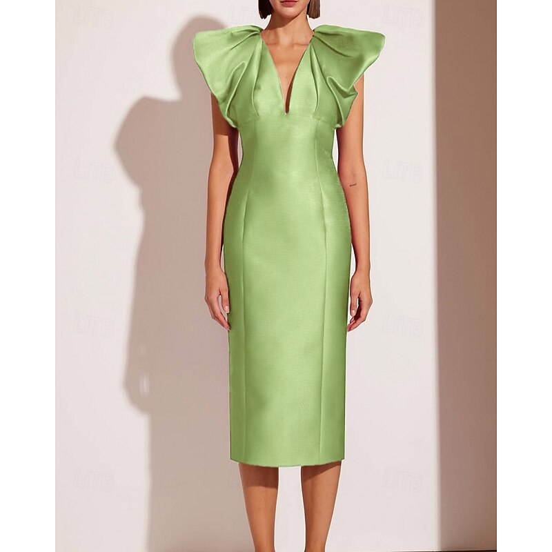 Sheath / Column Cocktail Dresses Elegant Formal Wedding Tea Length Midi Dress Short Sleeve V NeckDress Satin with Pleats4