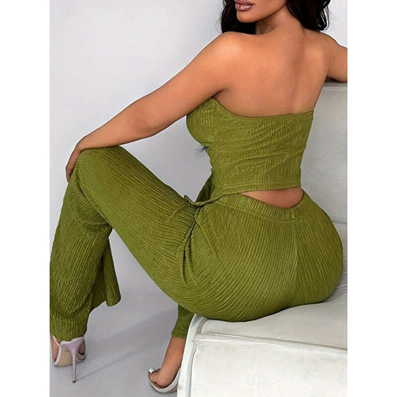 Women's Fashion Sexy Tube Top Pants Sets Sleeveless Solid Color Ruched Backless Club Bar Black Green Summer Regular Fit2