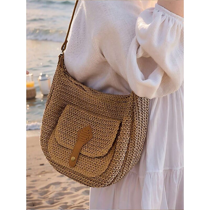 Women's Large Capacity Handmade Woven Straw Saddle Bag Shoulder Bag - Bohemian Crossbody Bag with Front Pocket, Summer Beach Tote Bag, Casual Travel Tote Bag for Vacation, Shopping and Daily Use4
