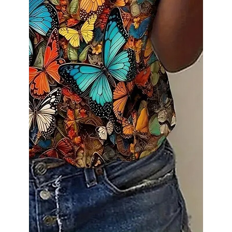 Women's T Shirt Summer Tops Butterfly 3D Classic Casual Short Sleeve Crew Neck Crop Tops Daily Weekend Print Rainbow Summer Spring Fall4