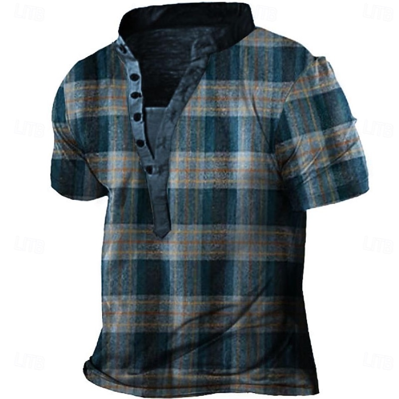 Men's Plaid T Shirt Henley Shirt Tee Short Sleeve Vintage Classic Casual Outdoor Casual Daily Summer Blue Henley Henley T-Shirt