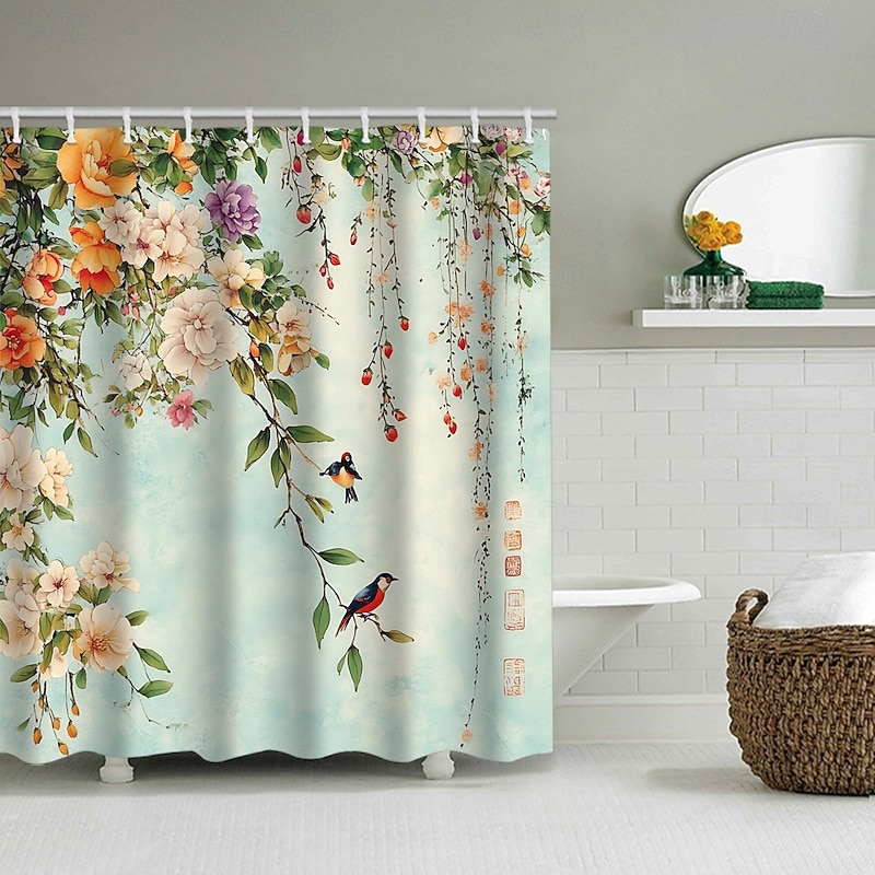Shower Curtain with Hooks 180cm*180cm(70"*70") Polyester Washable Waterproof Pattern Bathroom Bathtub Decor Floral Bird Plant2