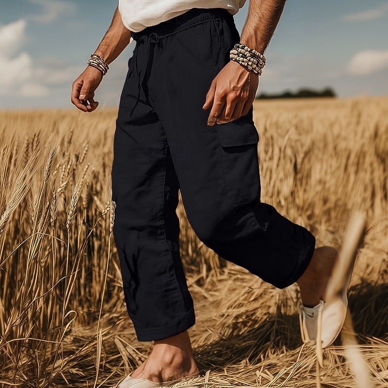 Men's Cargo Pants Linen Pants Trousers Summer Pants Beach Pants Drawstring Elastic Waist Multi Pocket Plain Comfort Breathable Full Length Outdoor Casual Holiday Fashion Retro Vintage Black White2