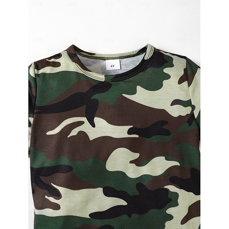 2 Pieces Toddler Boys T-shirt & Shorts Outfit Camo Short Sleeve Crewneck Set School Fashion Daily Summer 4-7 Years Army Green4