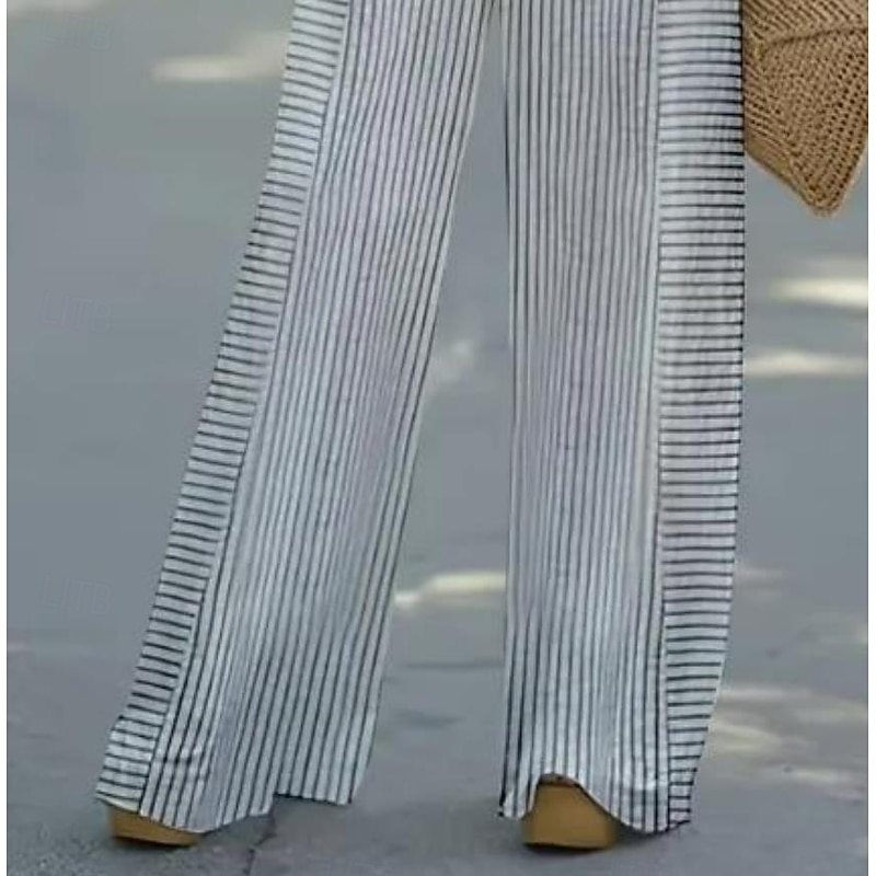 Women's 2 Pieces Basic Neon & Bright Shirt Blouse Linen Like 3/4 Length Sleeve V Neck Striped Print Casual Gray Summer Regular Fit3