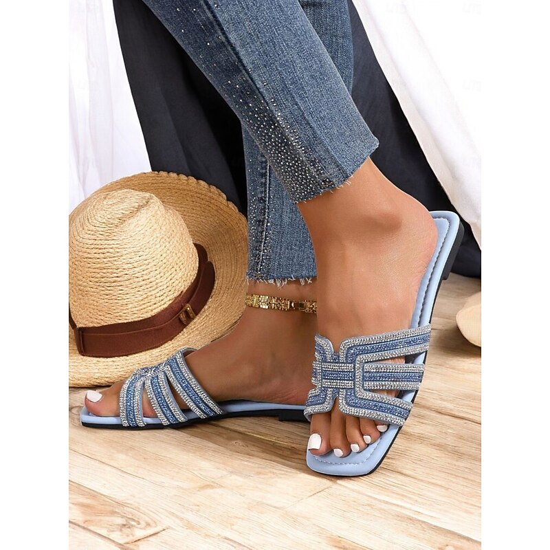 Women's Light Blue Rhinestone Embellished Slide Sandals – Elegant and Comfortable Slip-On Shoes for Summer, Beach, and Casual Outings4