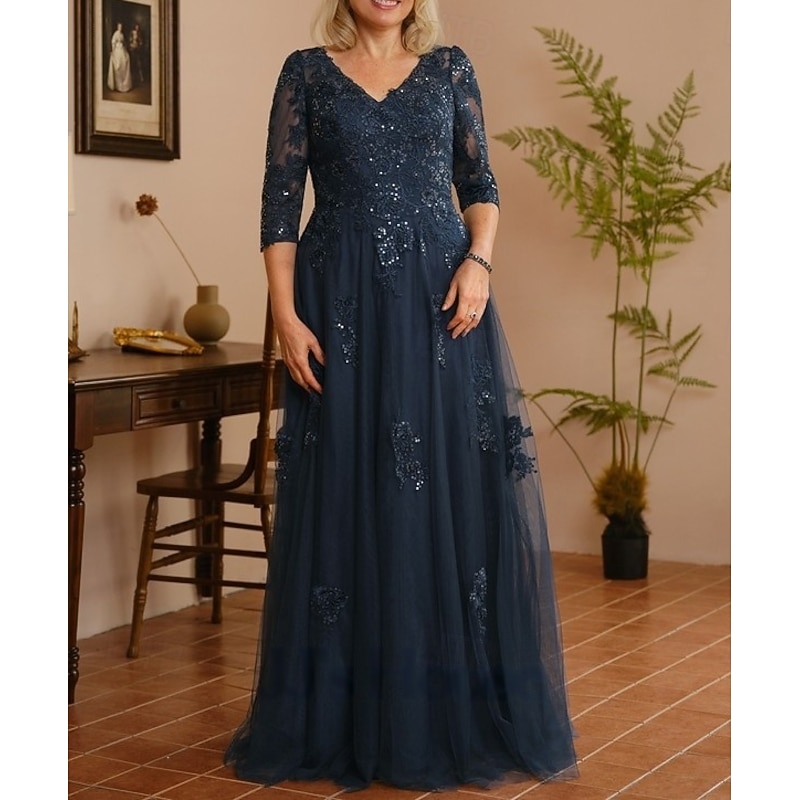 A-Line Mother of the Bride Dress Wedding Guest Elegant V Neck Floor Length Lace Tulle 3/4 Length Sleeve with Beading Appliques3