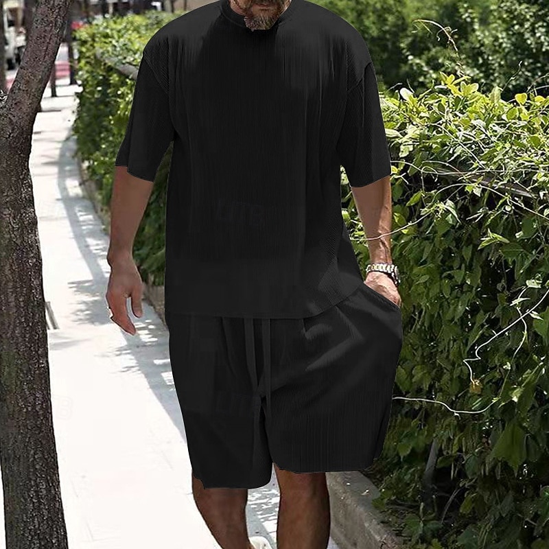 Men's Tracksuit Outfit Set Shorts Crew Neck Outdoor Daily Sports Pocket Drawstring 2 Piece Plain Black White Sky Blue Polyester Activewear Classic Casual Summer3