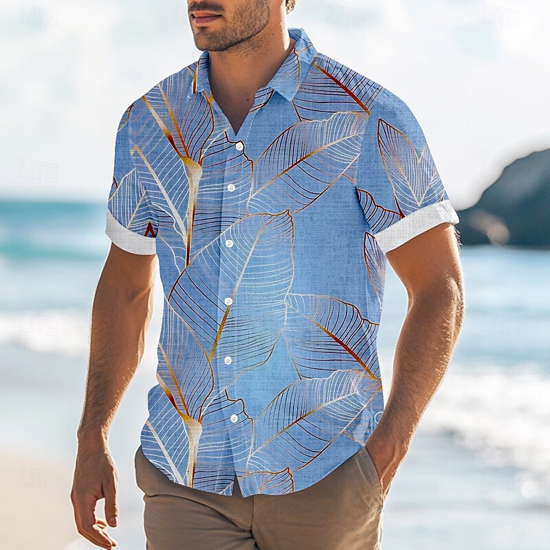 Men's Palm Leaf Tropical Plants Casual Shirt Summer Hawaiian Shirt Button Up Shirt Short Sleeve Hawaiian Resort Vacation Holiday Beach Wear Summer Spring Turndown 3D Print Collared Shirts Blue Sky2