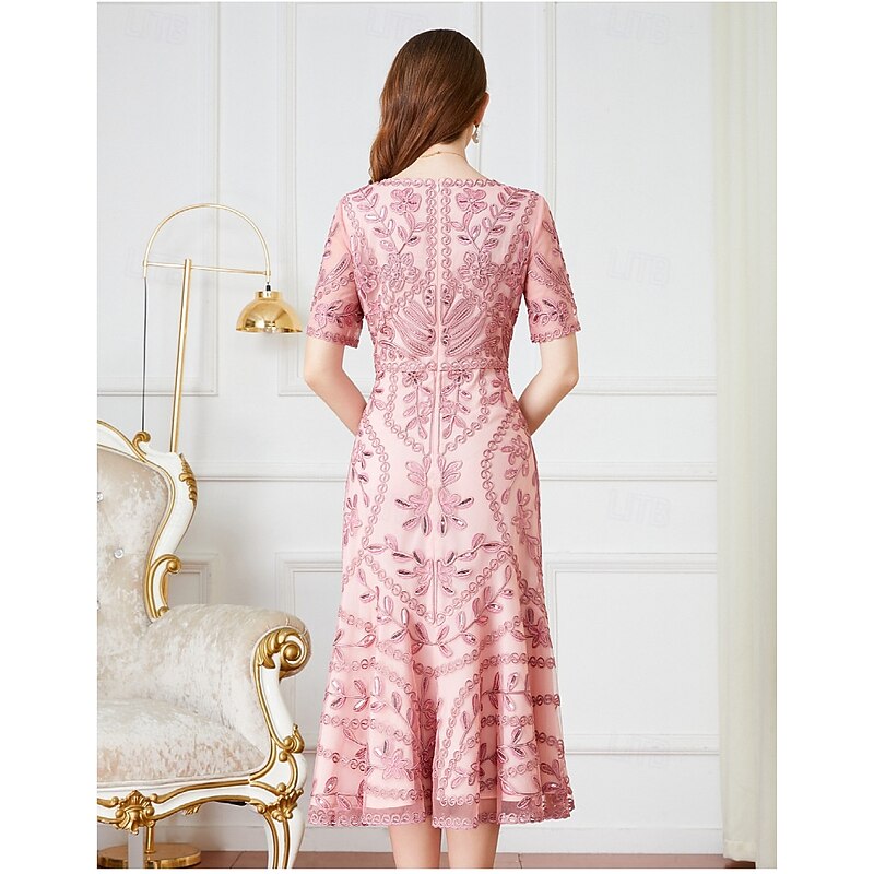 A-Line Dress Mother of the Bride Dress Elegant Vintage Party V Neck Tea Length Corded Lace Short Sleeve with Lace Sequin Midi Dress4