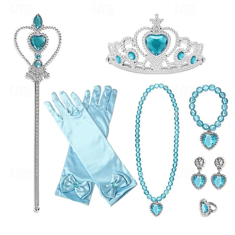 Kids Girls' Princess Dress Up Set Gloves Necklace Jewelry Set Tiara Princess Sweet Party Birthday Heart Pink Blue3