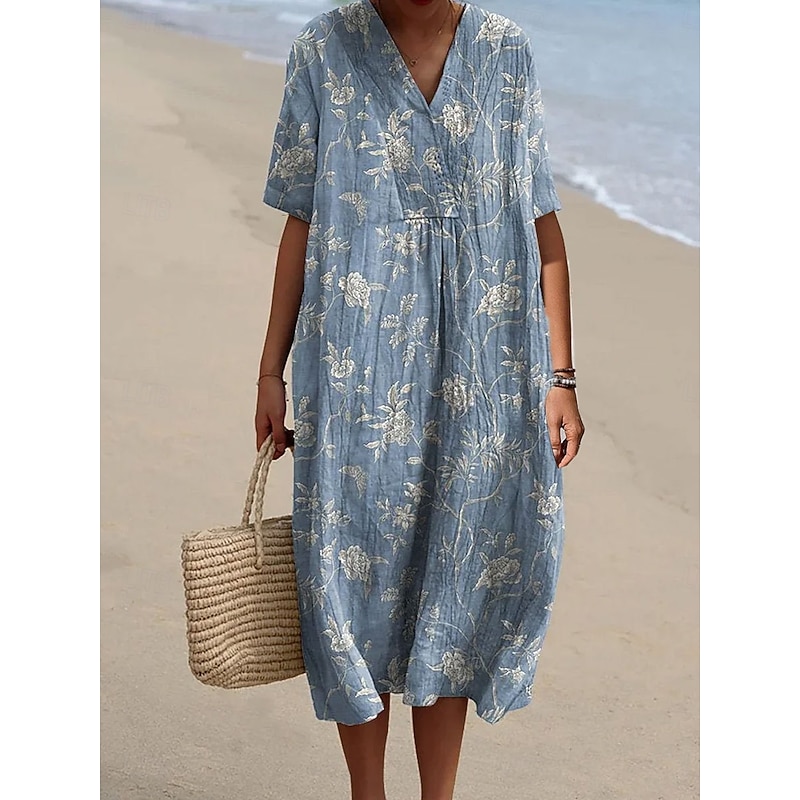 Women's Midi Dress Sundress Vacation Casual Beach Going out Loose Fit Floral Graphic Short Sleeve V Neck White Blue Summer