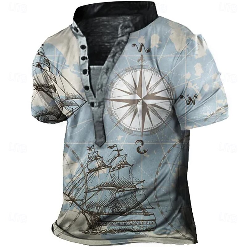 Men's Compass T Shirt Henley Shirt Tee Short Sleeve Designer Vintage Style Basic Daily Summer Blue Light Gray Khaki Henley Henley T-Shirt3