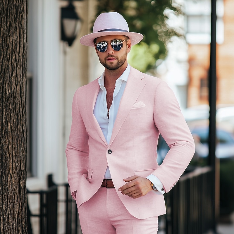 Men's Wedding Party Linen Suits Notch Lapel Pink Fashion Casual Solid Colored Standard Fit 2 Piece Single Breasted One-button2