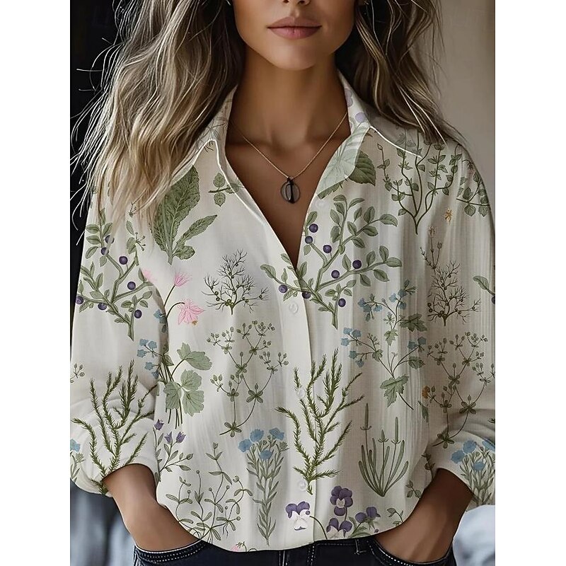 Women's Shirt Button Down Tunic Shirt Collar Long Sleeve Floral Graphic Stylish Casual Regular Tops Daily Going out s White Yellow Light Green Sky Blue Spring4