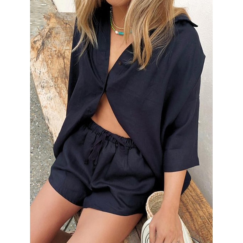 Women's Pajamas Loungewear Pajama Set Simple Casual Comfort Pure Color Buttons Shirt Cardigan Shorts Home Gift Daily Short Sleeve Lapel Black White Blue Purple Khaki Summer Spring Fall Loose Fit2