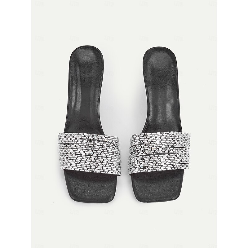 Women's Rhinestone Slip-On Heeled Sandals – Sparkly Square Toe Mules with Block Heels for Parties, Evening Events, and Special Occasions4
