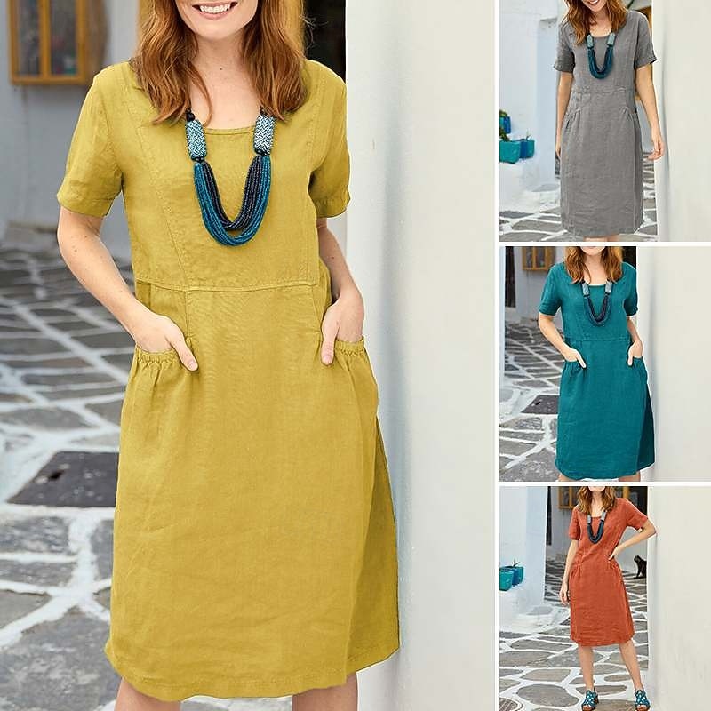 Women's Mini Dress Linen-Inspired Dresses Cotton Linen Dress Fashion Basic Modern Vacation Daily Going out Regular Fit Plain Short Sleeve Crew Neck Yellow Orange Green Gray Summer