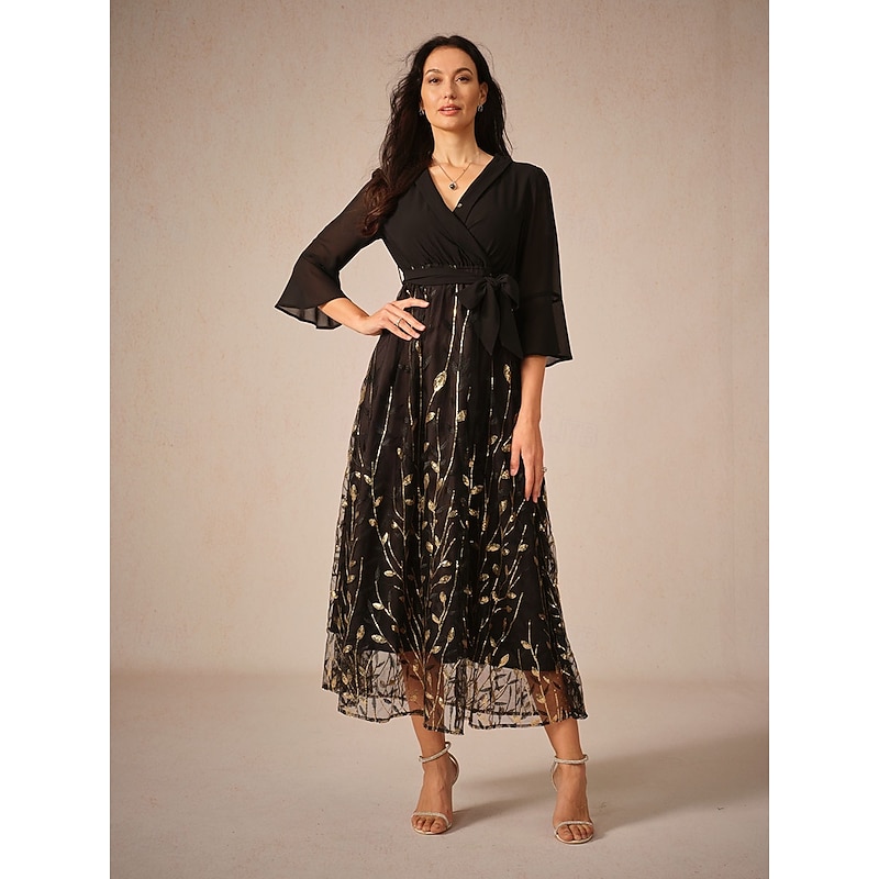 Women's Midi Dress V-Neck Long Sleeve Sheer Gold Branch Pattern Belted Elegant Party Evening Black Gold Full Size