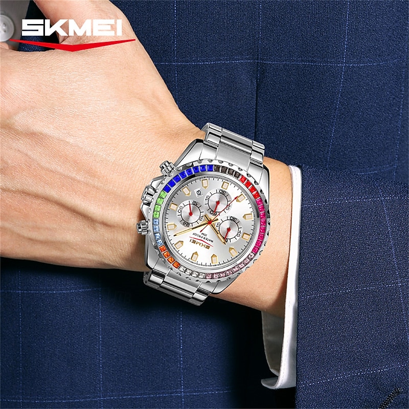 SKMEI Men's Watch with Diamond Studded Rainbow Circle Three Eye Six Pin Multifunctional Quartz Watch3