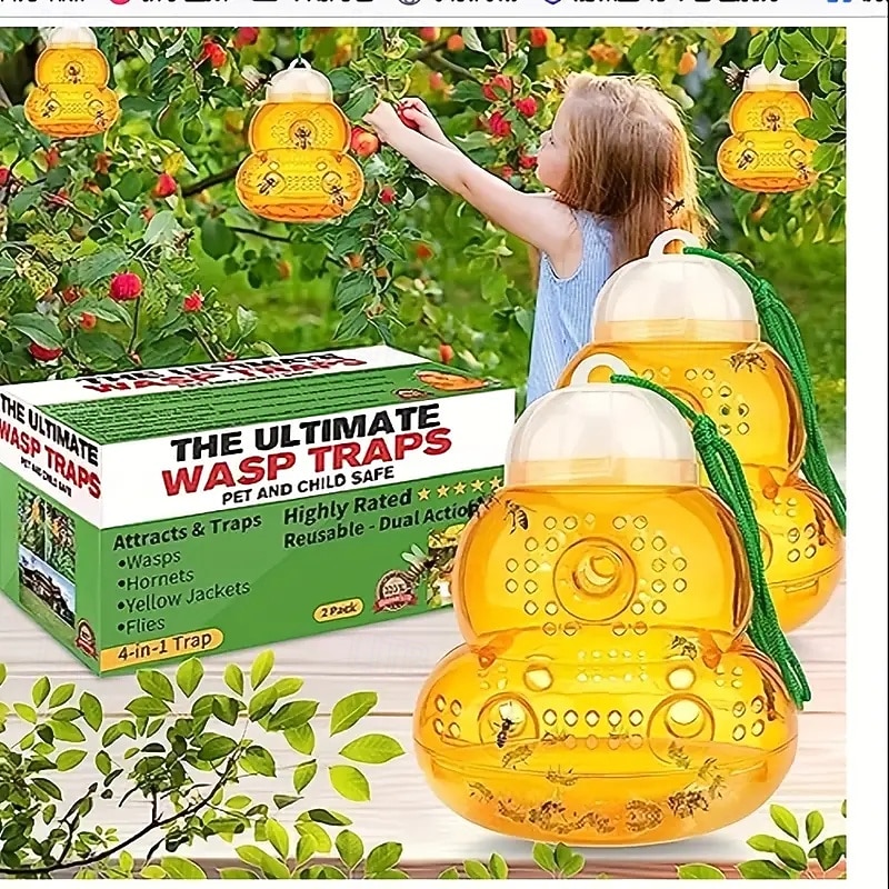 2-Piece Yellow Wasp and Bee Trap - Outdoor Hanging Insect Catcher Safe and Easy to Use Garden Insect Wasp Catcher2