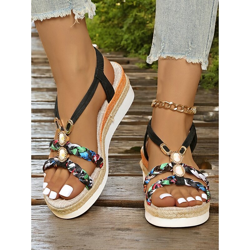 Women's Boho Platform Wedge Sandals – Braided Strappy Summer Sandals with Gemstone Accents for Casual, Beach, and Vacation Wear