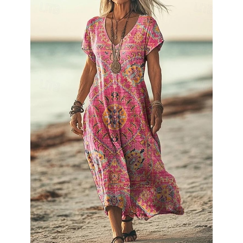 Women's Maxi Dress Paisley Dress Casual Dress Long Sleeve Boho Dress A Line Dress Bohemia Vacation Vintage Vacation Daily Regular Fit Floral Short Sleeve V Neck Pink Navy Blue Blue Light Purple4