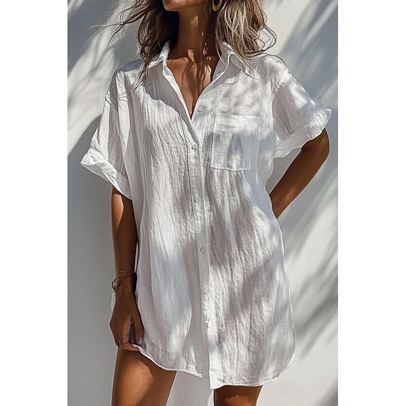 Women's Shirt Linen-Inspired Shirts Button Up Blouse Plain Basic Casual Short Sleeve Shirt Collar Long Tops Daily Holiday Buttons Pocket White Orange Green Apricot Light Blue Summer
