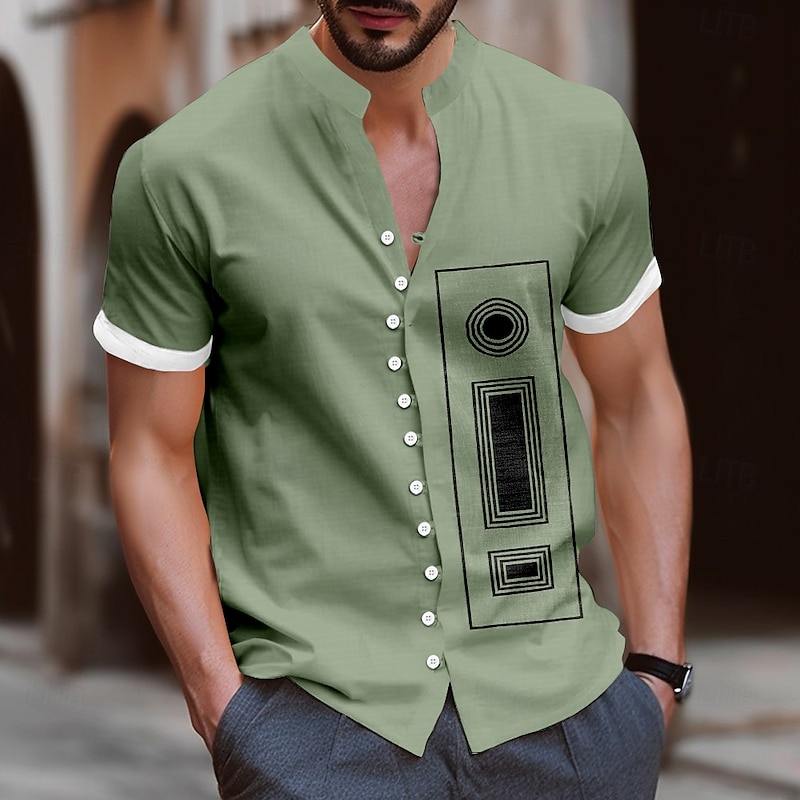 Men's Geometric Square Shirt Button Up Shirt Stand Collar Shirt Short Sleeve Fashion Casual Vacation Daily Summer Spring Grandad Collar Mandarin Collar Band Collar 3D Print Linen Like Shirt Yellow