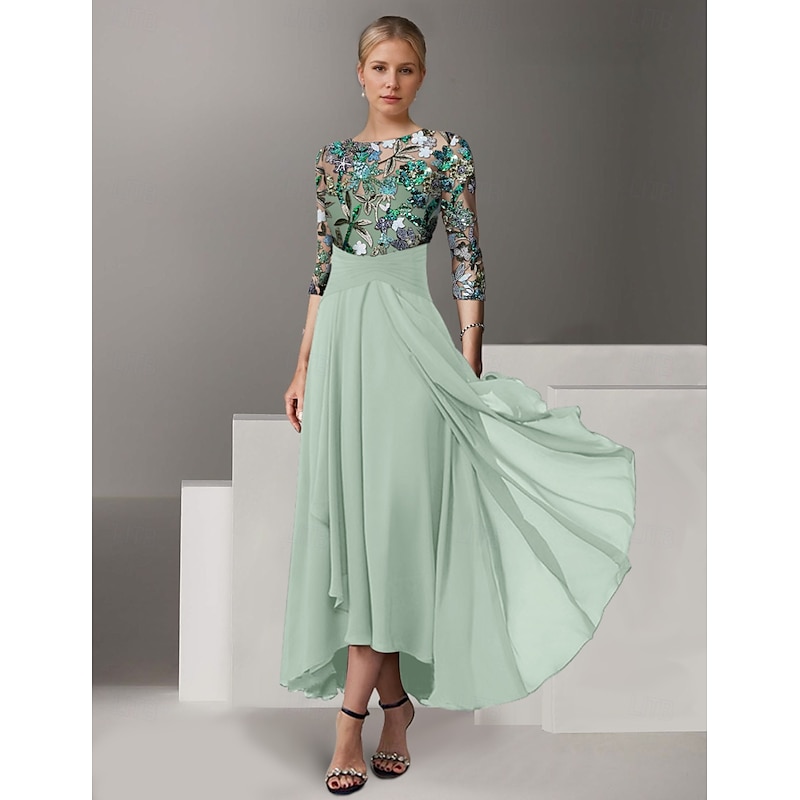 A-Line Embroidered Mother of the Bride Overskirt Dress Elegant Vintage Illusion Neck Ankle Length Chiffon Half Sleeve with Sequin4