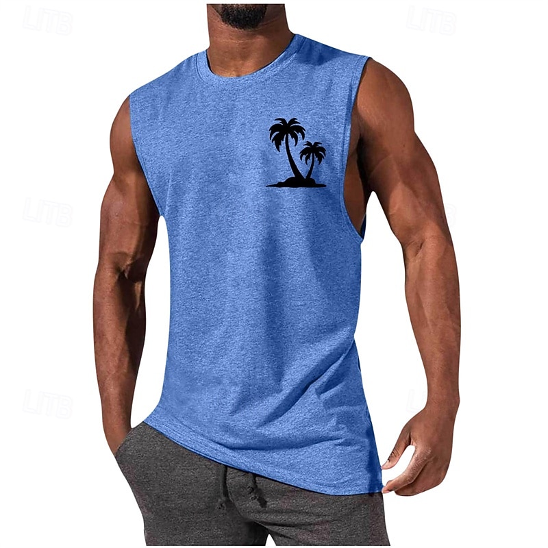 Men's Tank Top Vest Top Undershirt Sleeveless Shirt Sleeveless Crew Neck Summer Coconut Tree Fashion Designer Basic Print Vacation Street Going out Black White Navy Blue Top Tee for Men