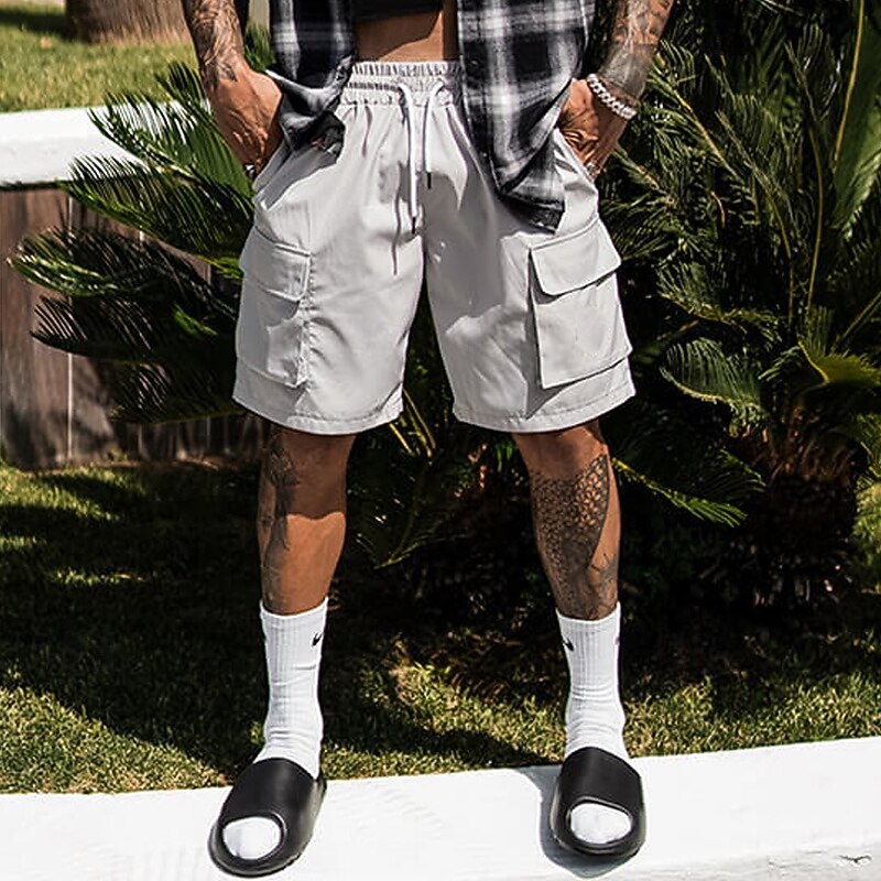 Men's Cargo Shorts Shorts Bermuda shorts Casual Shorts Baggy Shorts Drawstring Elastic Waist Multi Pocket Plain Breathable Quick Dry Knee Length Outdoor Casual Running Fashion Streetwear Black Gray3