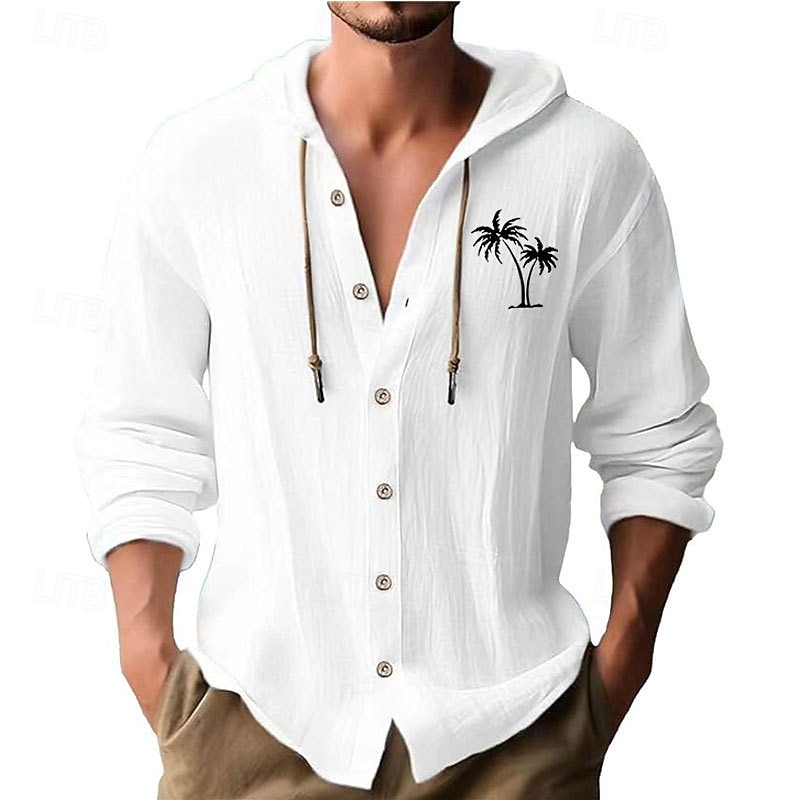 Men's White Cotton Shirt Minimalist Aloha Shirt Casual Shirt Button Up Shirt Cotton Shirt Coconut Tree Vacation Street Black White Blue Khaki Long Sleeve Hooded Spring & Summer Clothing Apparel2
