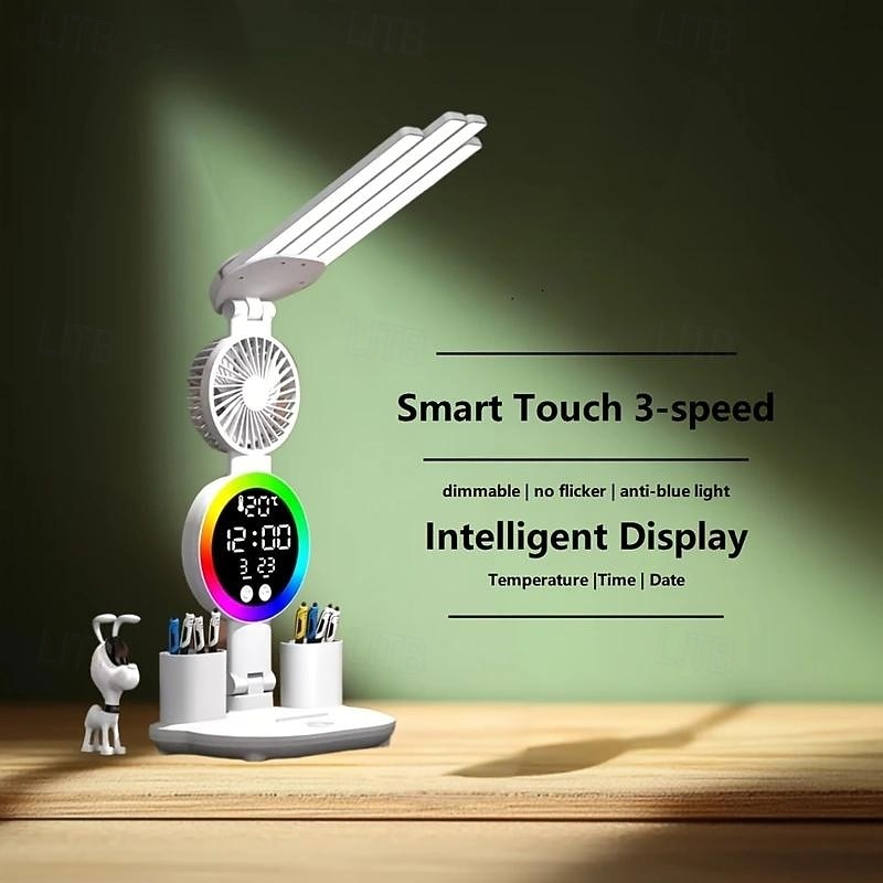1 Pc multifunctional eye protection desk lamp with no flicker, anti blue light, three levels of dimming, infinite dimming, RGB ambient light, clock, three levels of adjustment, fan, USB charging2