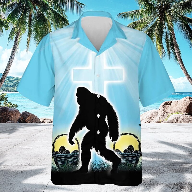 Easter Men's Templar Cross Easter Egg Shirt Cuban Collar Shirt Button Up Shirt Short Sleeve Vintage Retro Holiday Festival Summer Spring Camp Collar Shirt 3D Print Blue