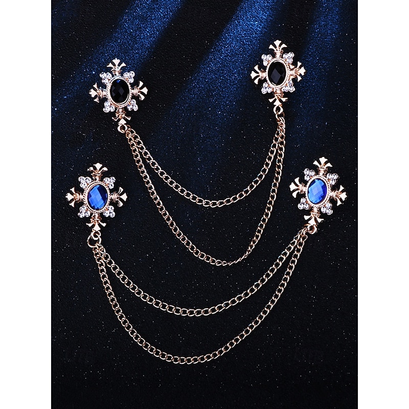 Vintage Blue Gem Collar Chain Brooch – Elegant Double Chain Lapel Pin for Men & Women, Gothic Victorian Style Shirt & Suit Accessory, Formal Wedding & Party Jewelry4