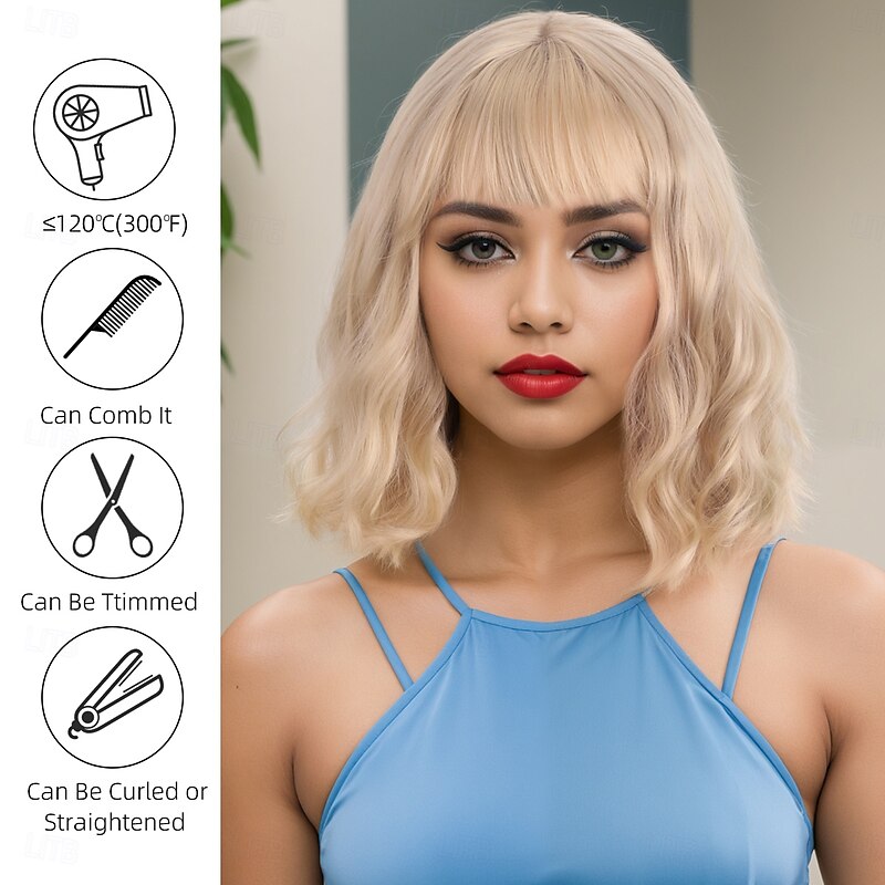 Synthetic Wig Wavy Curly Weave Asymmetrical Neat Bang Machine Made Wig 14 inch A1 Synthetic Hair Women's Classic Comfortable Color Gradient Light Brown3