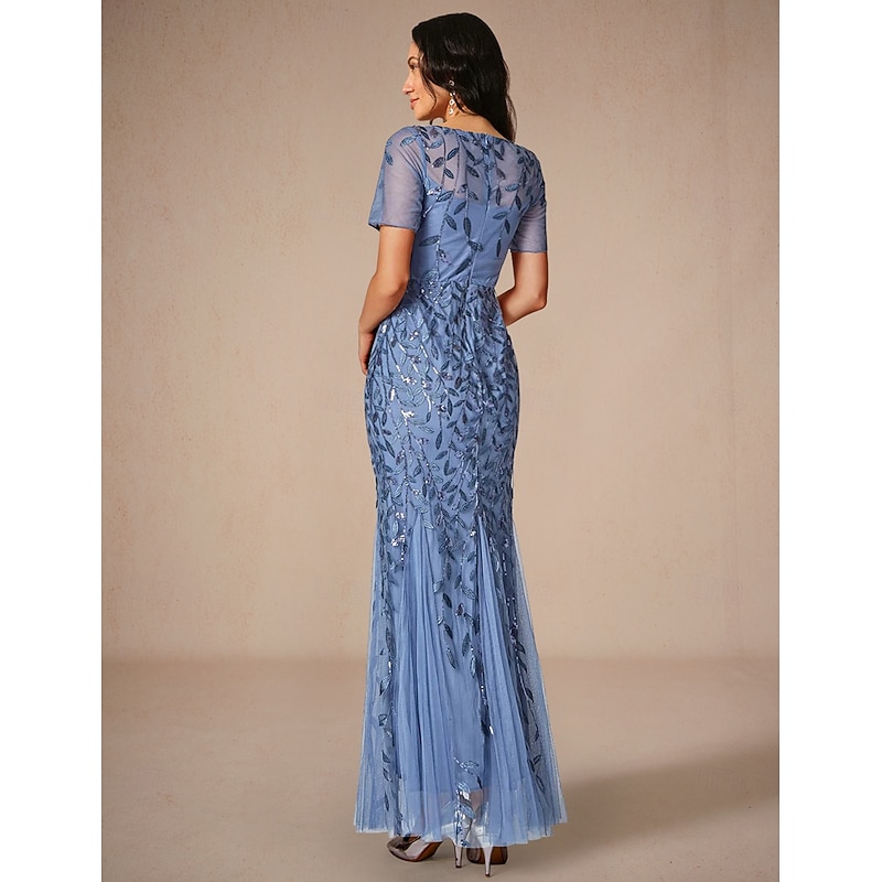 Mermaid / Trumpet Wedding Guest Dresses Elegant Dress Wedding Guest Birthday Floor Length Short Sleeve Crew Neck Tulle with Sequin Embroidery2
