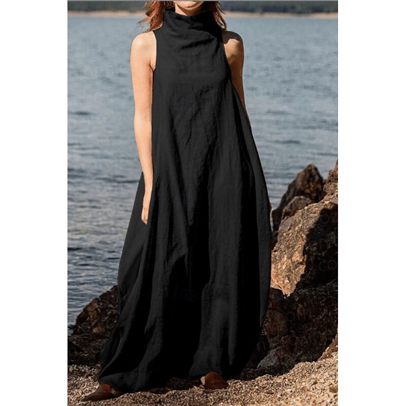 Women's Long Dress Maxi Dress Linen-Inspired Dresses Cotton Linen Dress Fashion Classic Modern Vacation Going out Weekend Regular Fit Plain Sleeveless Turtleneck Black Khaki Dark Gray Light Blue4