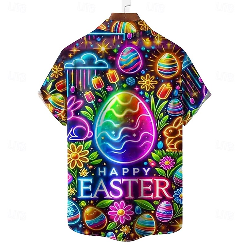 Easter Men's Bunny Neon Easter Eggs Shirt Casual Shirt Button Up Shirt Short Sleeve Vintage Retro Vacation Holiday Festival Summer Spring Turndown 3D Print Collared Shirts Front One Pocket Black Blue2