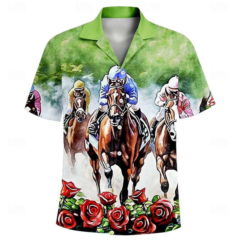 Kentucky Derby Men's Horse Racing Run for the Roses Shirt Cuban Collar Shirt Short Sleeve Vintage Retro Vacation Holiday Festival Summer Spring Camp Collar Shirt 3D Print Funny Kentucky Derby Shirts