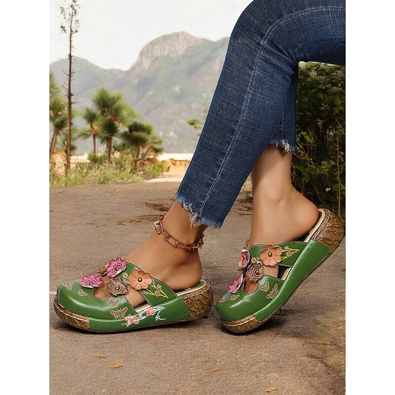 Women's Floral Leather Clog Sandals – Handmade Bohemian Slip-On Wedge Mules with Cutout Design for Casual Wear and Outdoor Comfort3