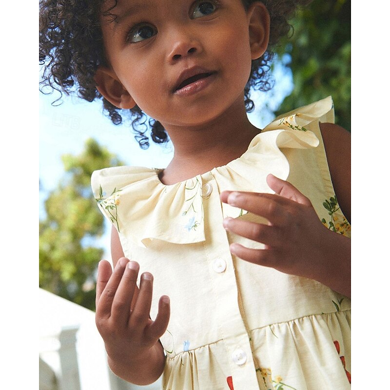 Kids Girls' Dress Flower Sleeveless Outdoor Casual Ruffle Fashion Adorable 100% Cotton Knee-length Casual Dress A Line Dress Summer Spring 4 years+ White2