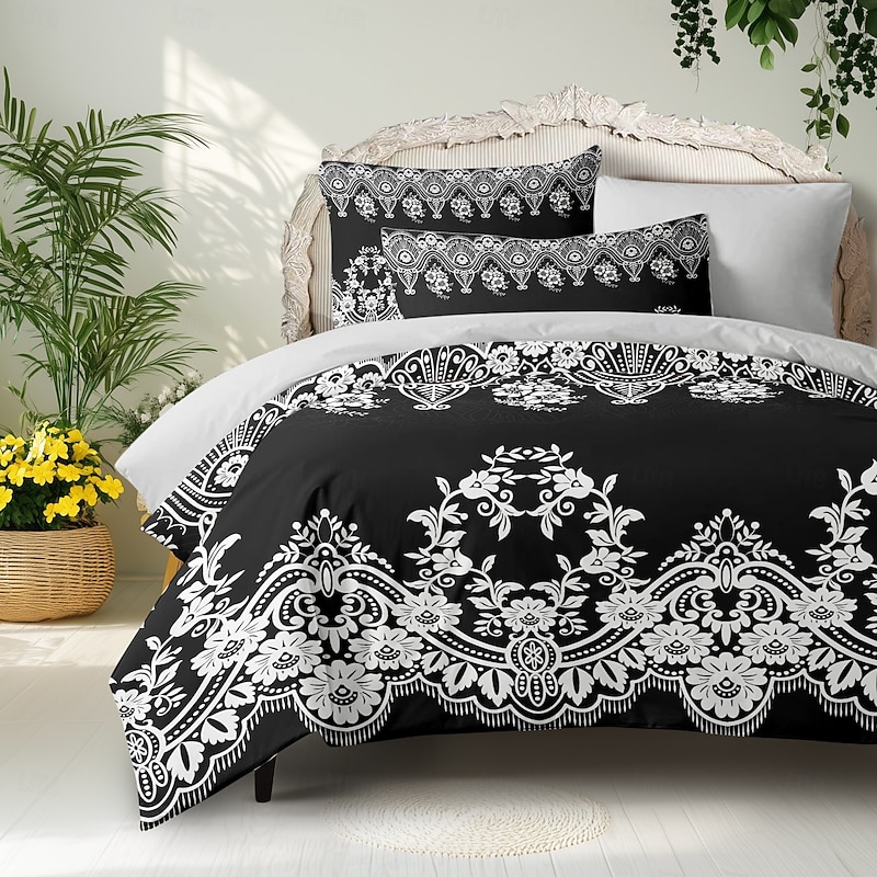 Bohemian Duvet Cover Set 100% Cotton Soft and Breathable Bedding Featuring Black White Lightweight and Durable Quilt Cover Comfortable for All Seasons Easy to Care