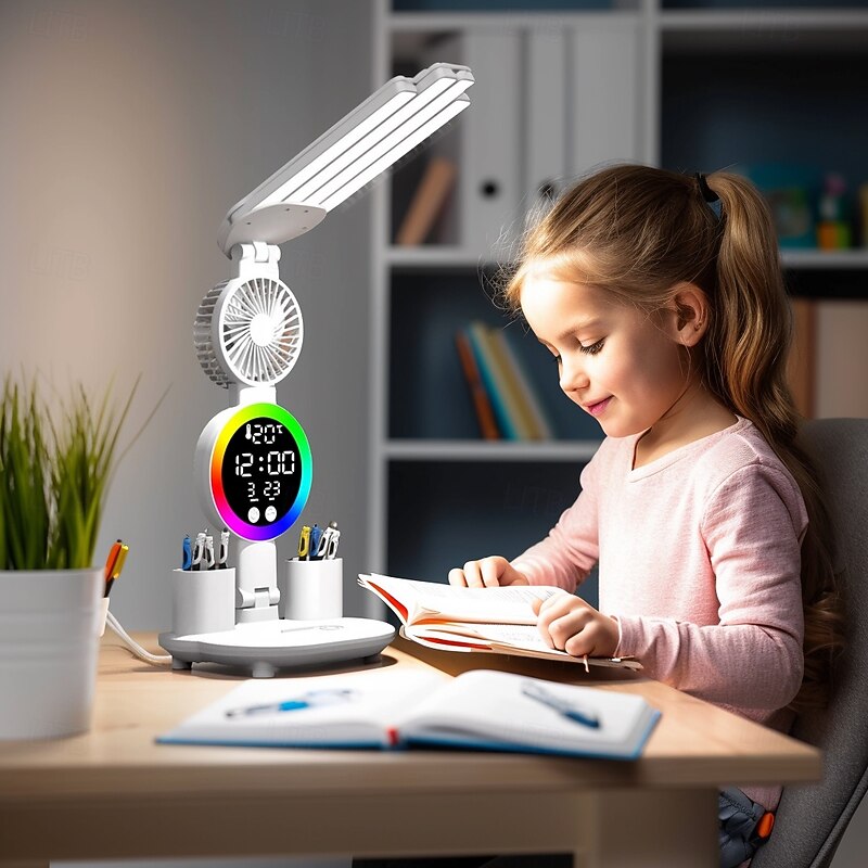 1 Pc multifunctional eye protection desk lamp with no flicker, anti blue light, three levels of dimming, infinite dimming, RGB ambient light, clock, three levels of adjustment, fan, USB charging3