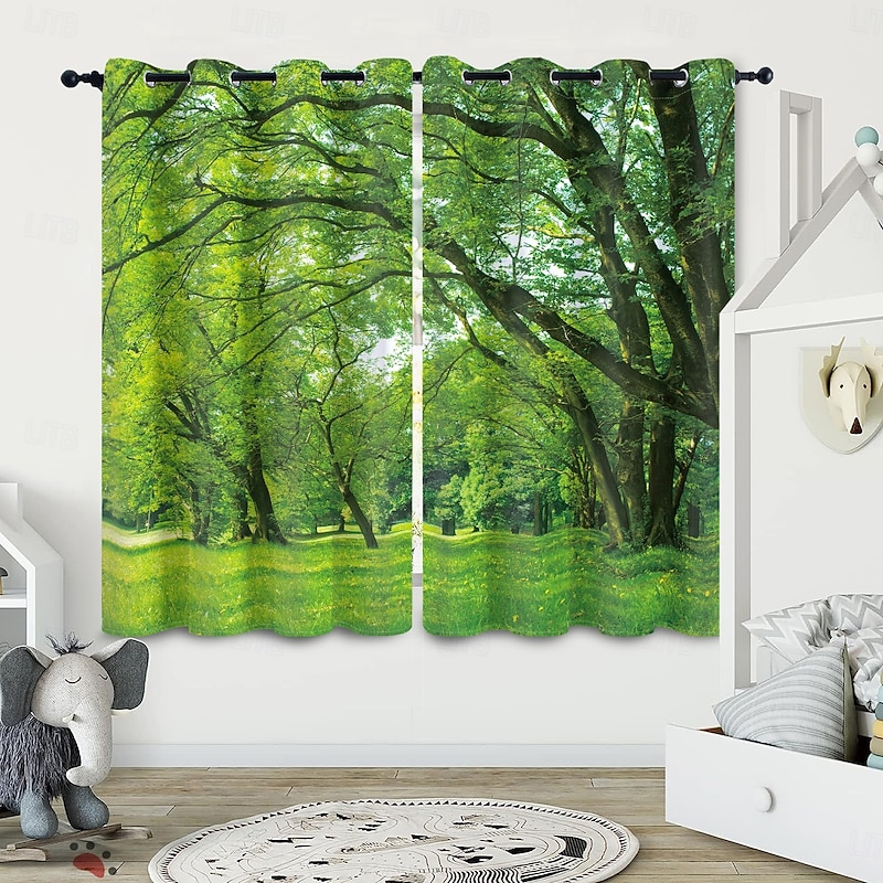 Green Healing Series Natural Forest Landscape Insulation Outdoor Balcony Rest Living Room Home Decoration 2-piece Set 3D Digital Printing Perforated Sunshade Curtains3