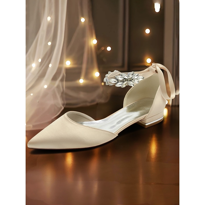 Champagne Satin Crystal Ankle Strap Flats – Elegant Low Heel Wedding & Bridesmaid Shoes for Women