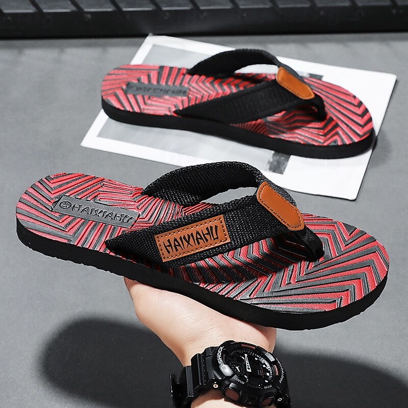 Men's Fashion Flip-Flops - Red and Black Geometric Pattern with Leather Accents - Casual Beachwear3