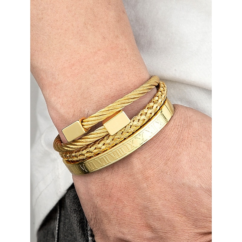 Men's Gold Stainless Steel Bracelet Set – Roman Numeral, Braided, and Cable Wire Cuff Bangles, Stylish Stackable Jewelry for Business, Casual, and Party Wear2